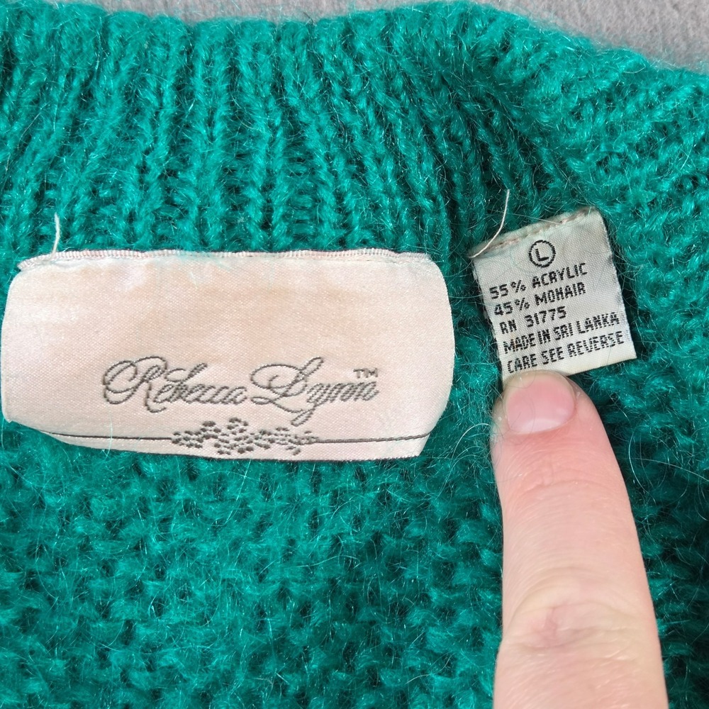 Rebecca Lynn Sweater Womens Large Green Mohair Blend Chunky Cable Knit V Neck - Picture 5 of 7